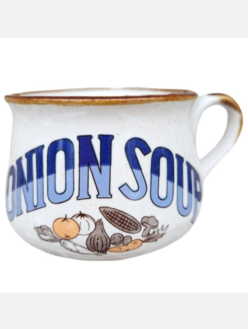 Vintage 1970s Stoneware Onion Soup Mug with Blue Accents